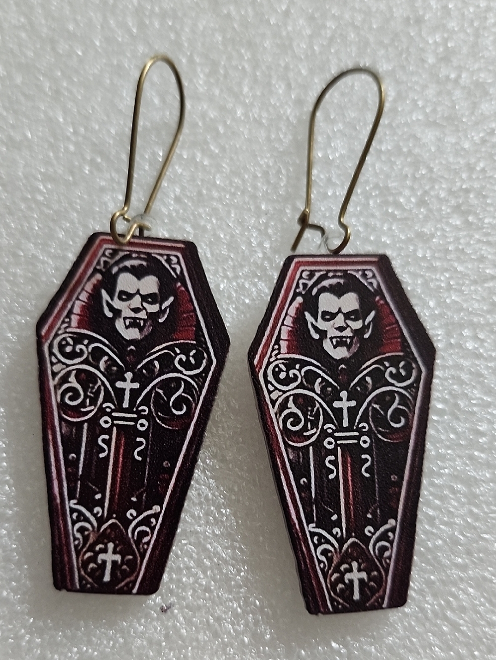 Hand Crafted Burgundy and Black Vampire Coffin Earrings